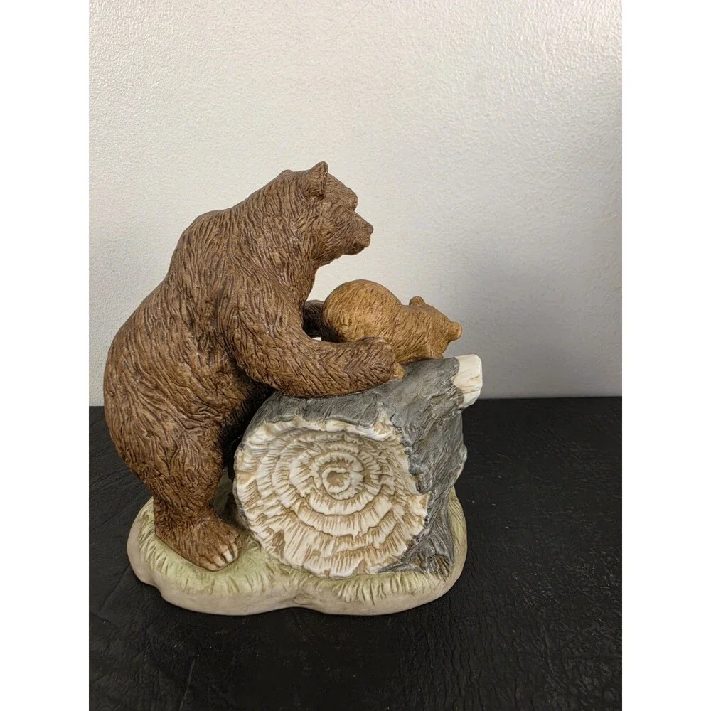 Curious Cubs Bear Family On Log & Base HOMCO Figurine #1435 Home Interiors Mama